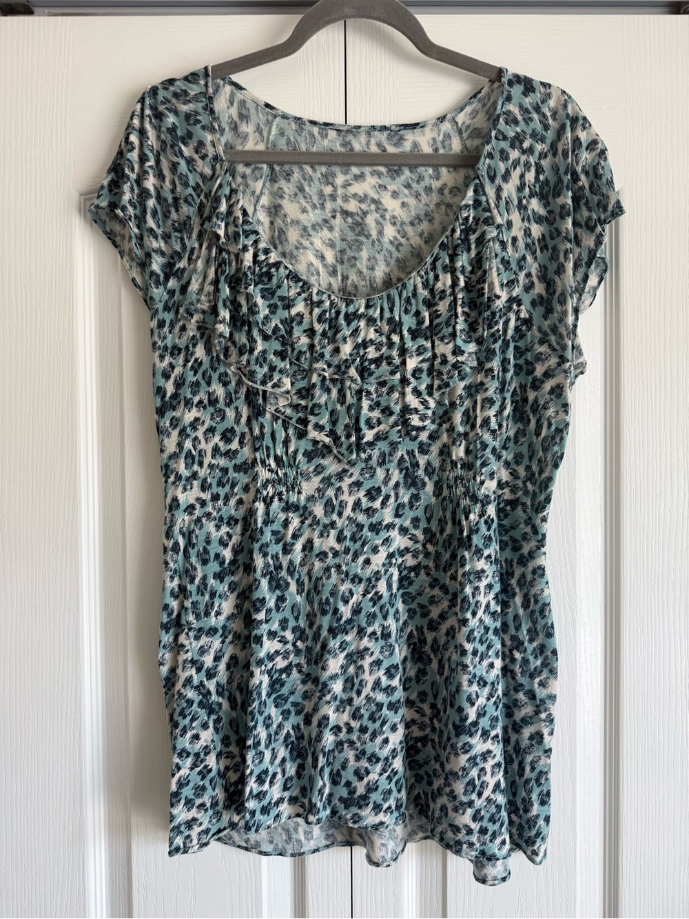 LOFT Teal and Cream Animal Print Ruffle Scoop Neck Top